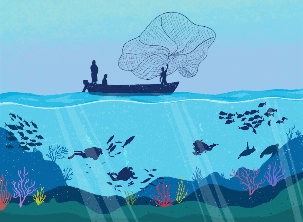 Illustration of the ocean with some divers, fishes and corals, at the top fishermen in a small boat