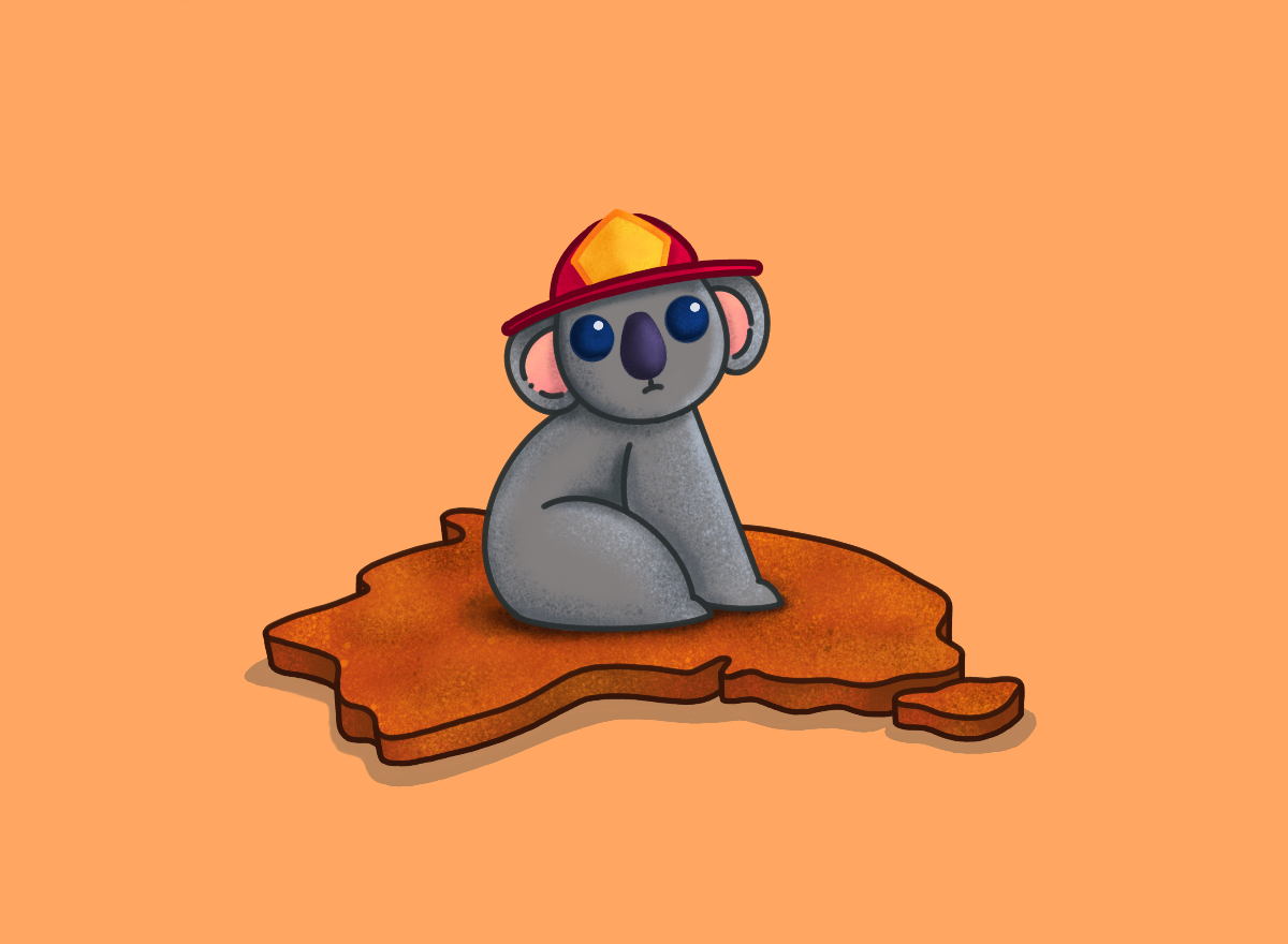 An illustrated koala with a fireman hat sitting on an Australia silhouette.