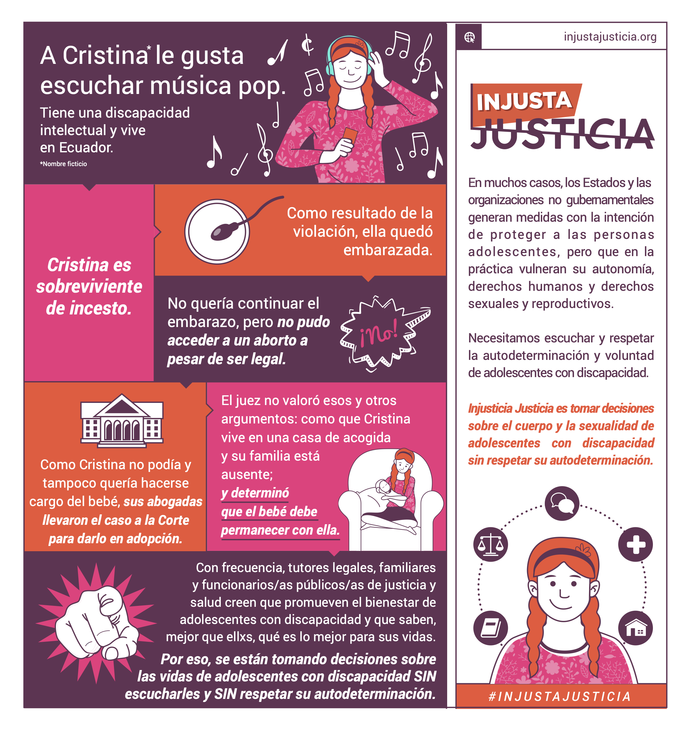 Infographic of Cristina, incest survivor, one of the cases of the Injusta Justicia website.